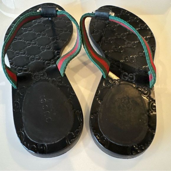 Gucci GG Web Stripe Thong Sandals EU 37.5 US7.5 Black Stripe Flip Flop Slides - Picture 5 of 7